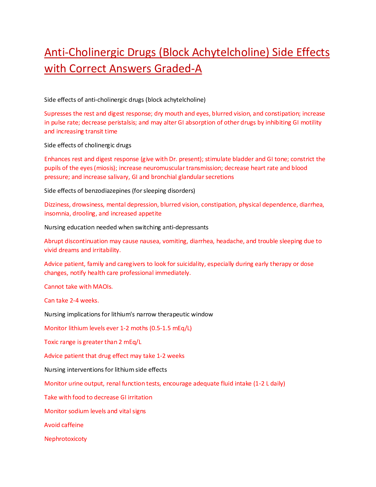Preview image for Anti-Cholinergic Drugs (Block Achytelcholine) Side Effects with Correct Answers Graded-A